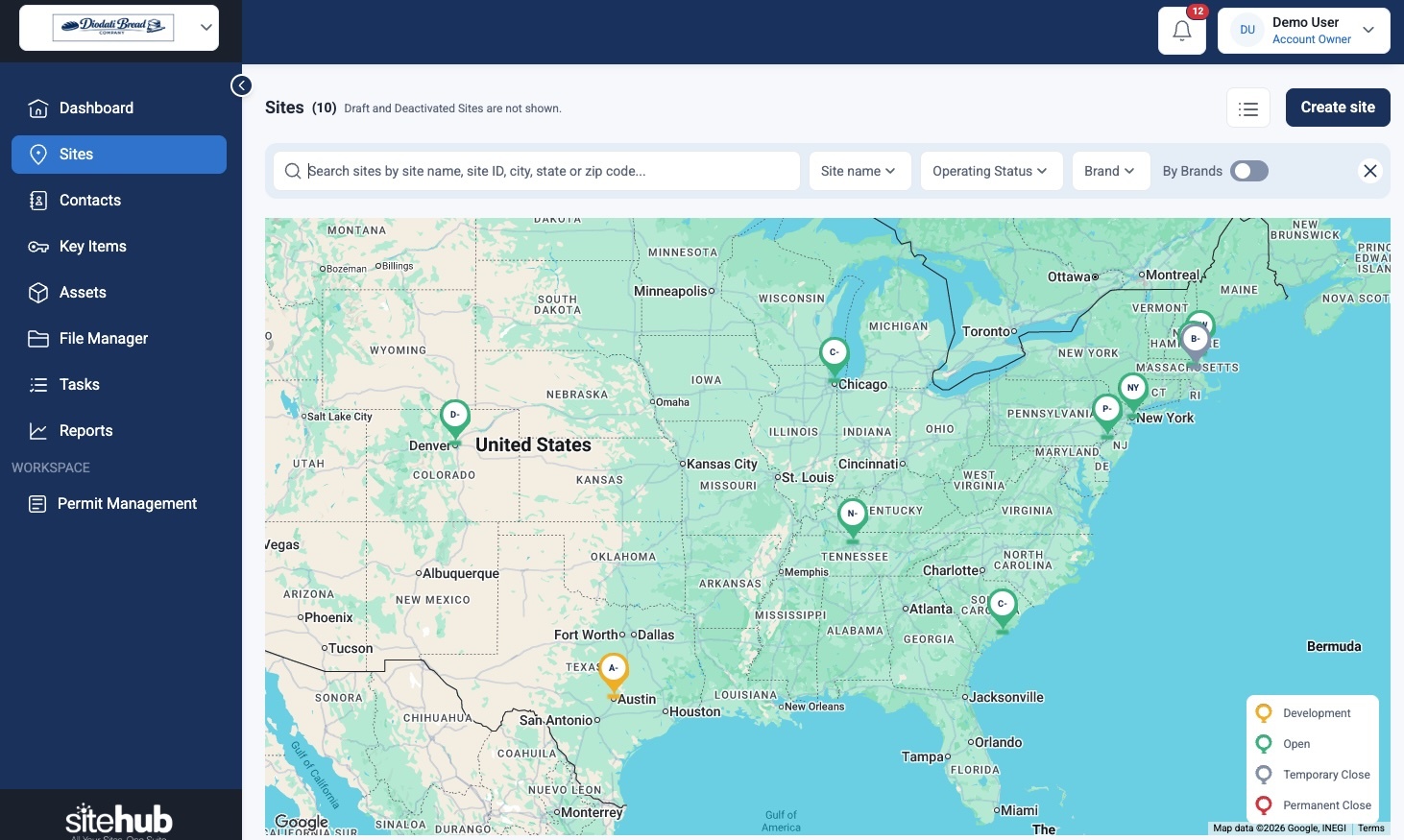 Sitehub map showing a multi-location portfolio